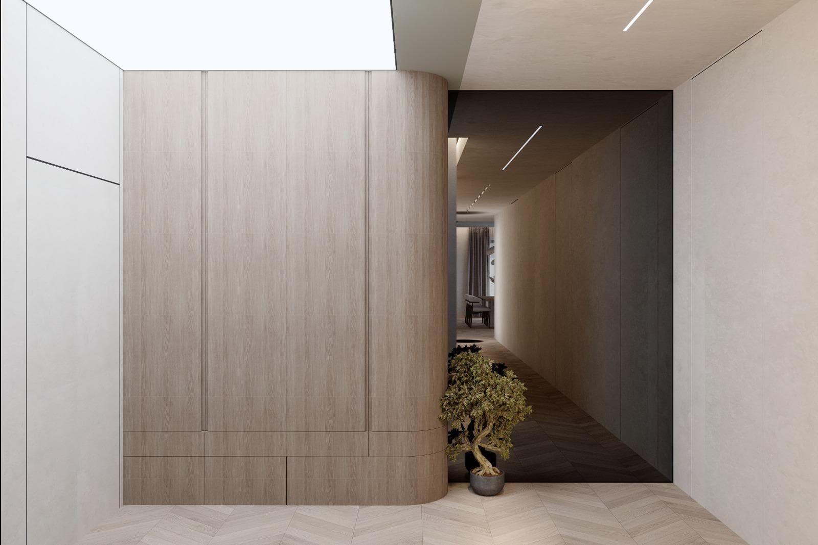 Refined interior hallway with custom wood finishes